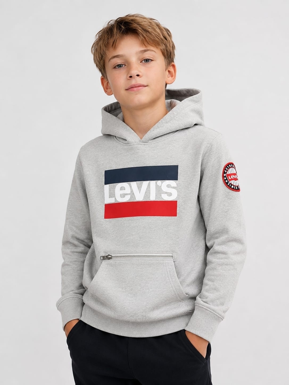 Levi's Boys' Light Gray Hoodie with Red & Navy Logo